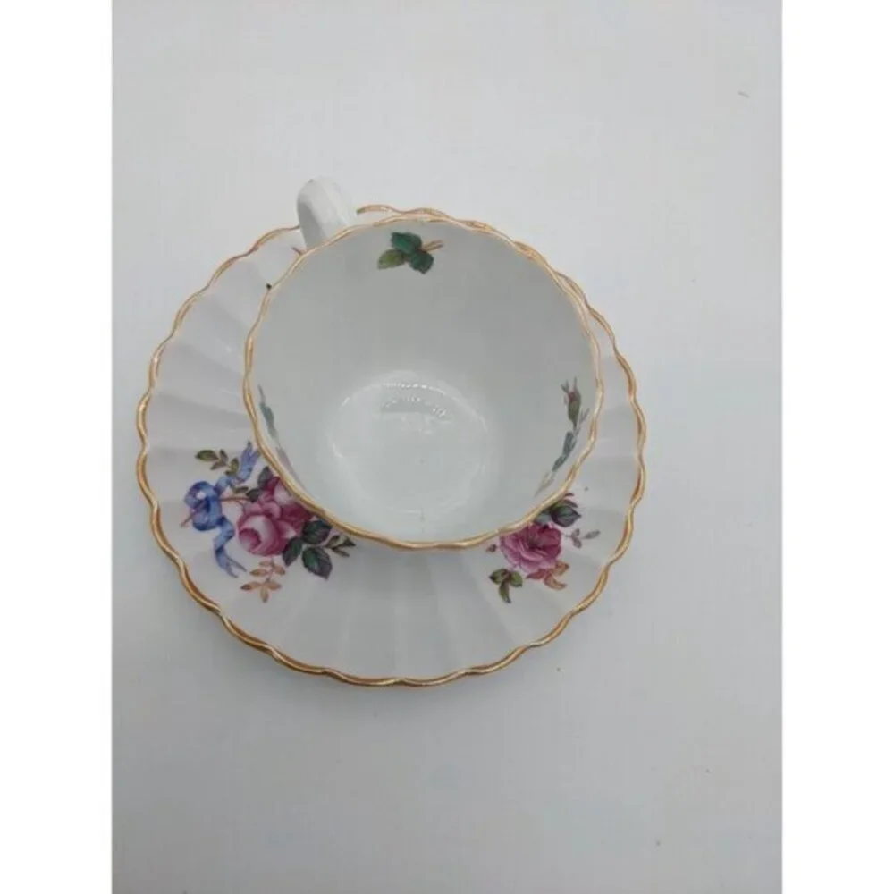 Vintage Spode Copeland's‎ Y5775 Flat Cup & Saucer Set floral ribbon  2 1/2 in